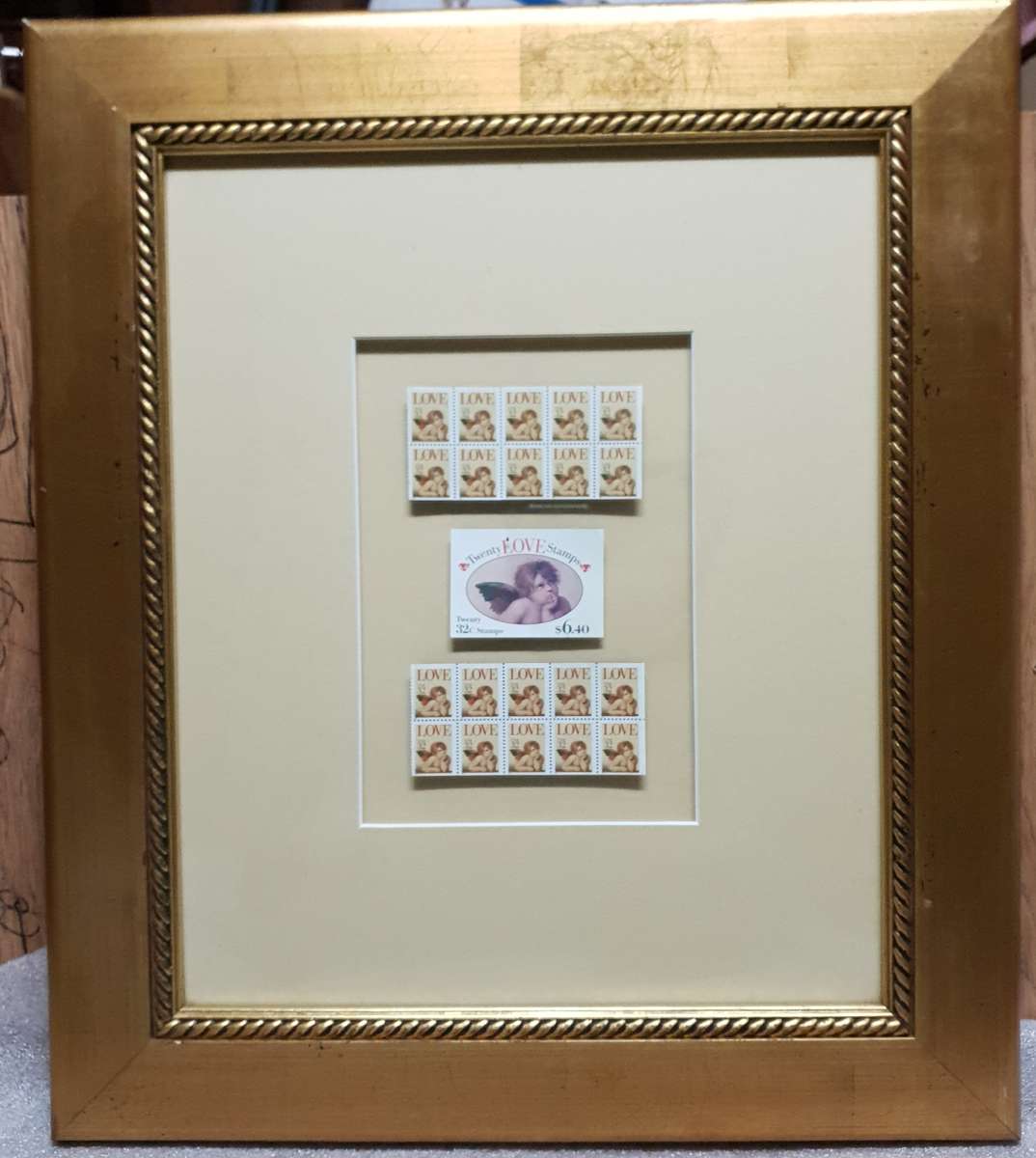 FRAMED 1995 USA LOVE CHERUBS FULL SHEET OF TWENTY,  32CENT STAMPS WITH ORIGINAL BOOKLET