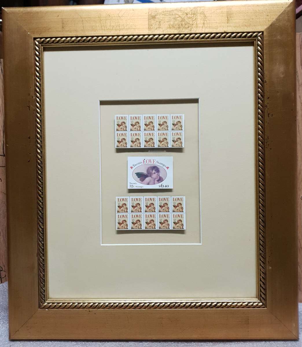 FRAMED 1995 USA LOVE CHERUBS FULL SHEET OF TWENTY,  32CENT STAMPS WITH ORIGINAL BOOKLET