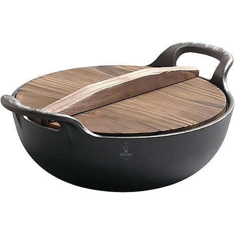 Chef's Choice 36cm Cast Iron Pot with Wooden Lid - Traditional Round Bottom