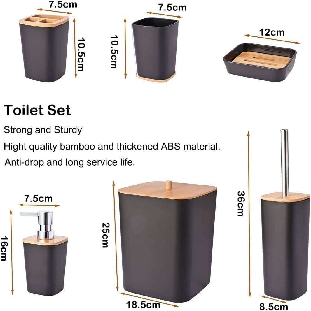 Luxury 6-Piece bathroom accessories set with bamboo accents - Modern black and wood design