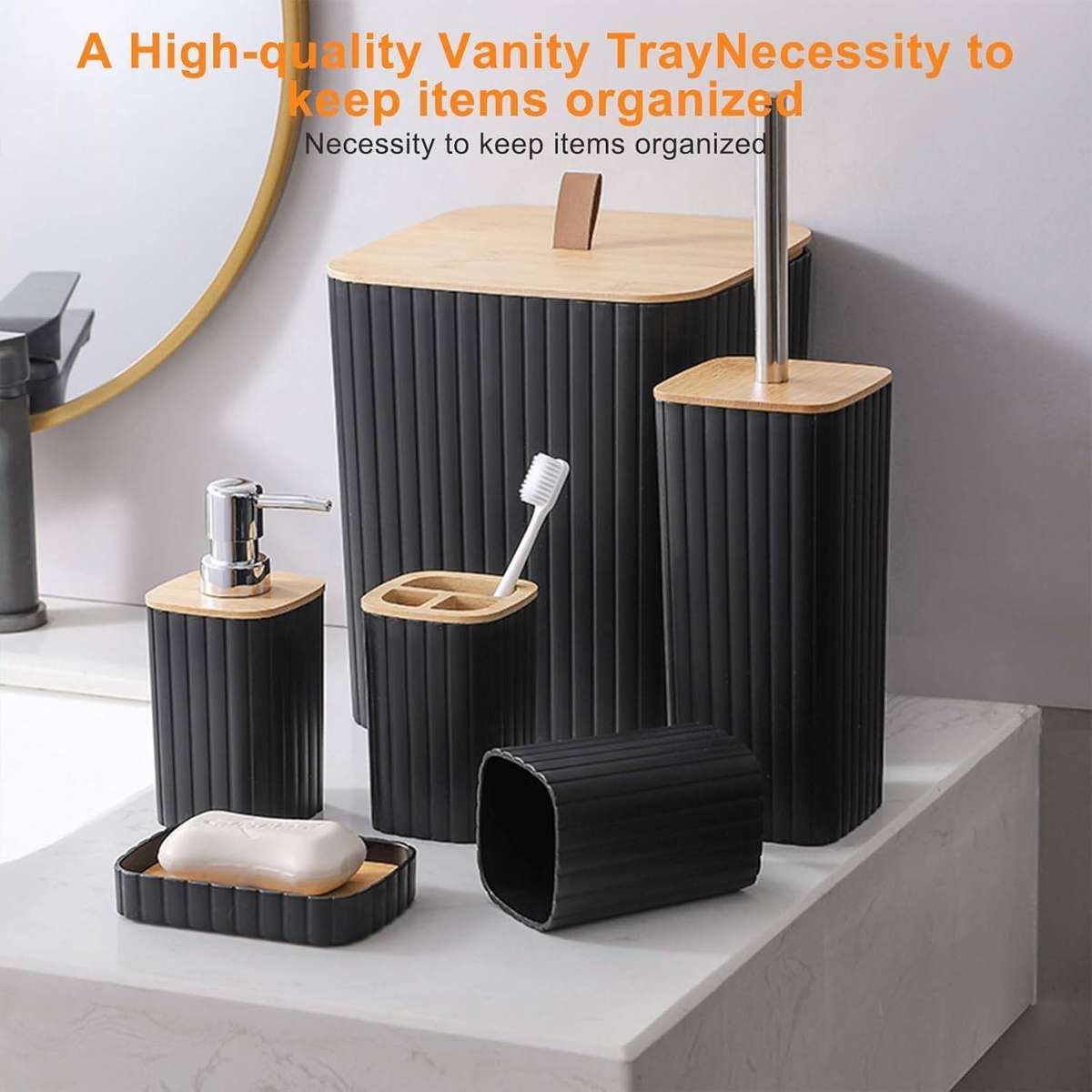 Luxury 6-Piece bathroom accessories set with bamboo accents - Modern black and wood design