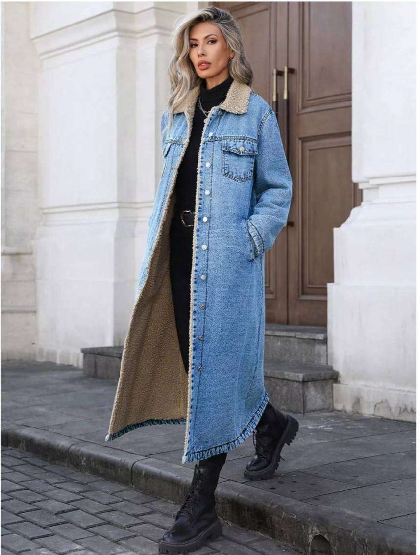 Sherpa lined long denim jacket for women - stylish and warm outerwear