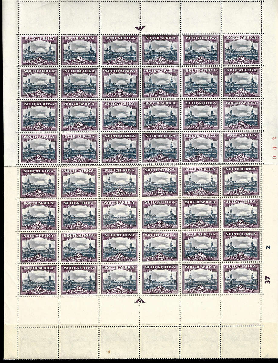 1947/54 2d Full Sheet with all listed Union Handbook Varieties, unmounted mint, SCARCE