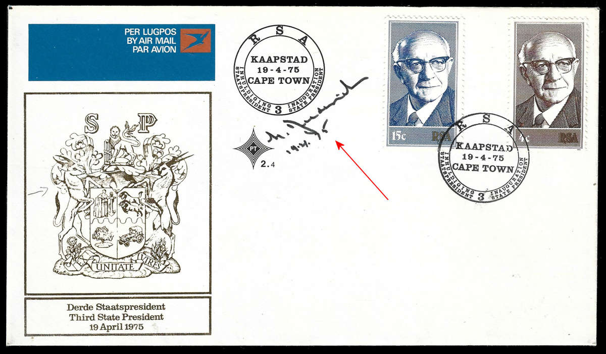 RSA FDC 2.4 SIGNED and DATED By State Pres. Dr. Diederichs (3rd State President of S.A.)