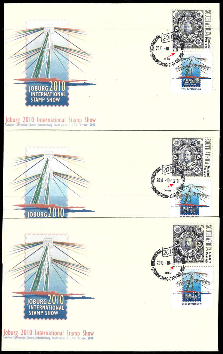2010 JHB International Stamp Show, 5 x FDC's each cancelled on the 5 different days of the show