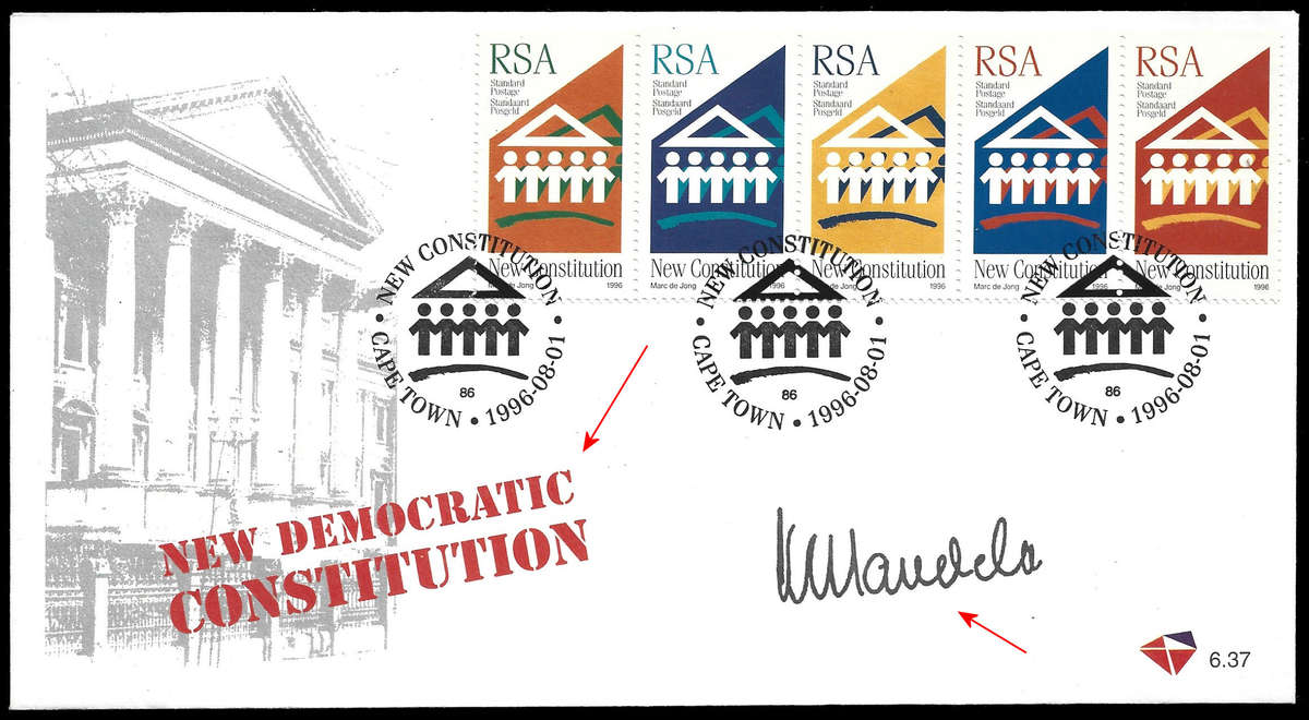 1996 New Democratic Constitution FDC with Late Pres. Nelson Mandela autopen signature, Scarce