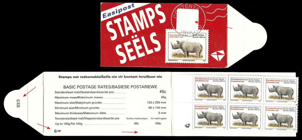 RSA 1993 RHINO BOOKLET WITH WHITE STICKER BY PBF FLAP 93/3 LATIN FULLY PERFED