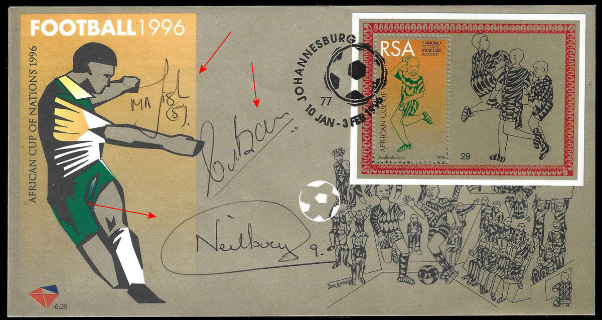 1996 SIGNED CARD 6.29 by Mark Fish, Clive Barker the coach, Neil Tovey the Captain, Scarce