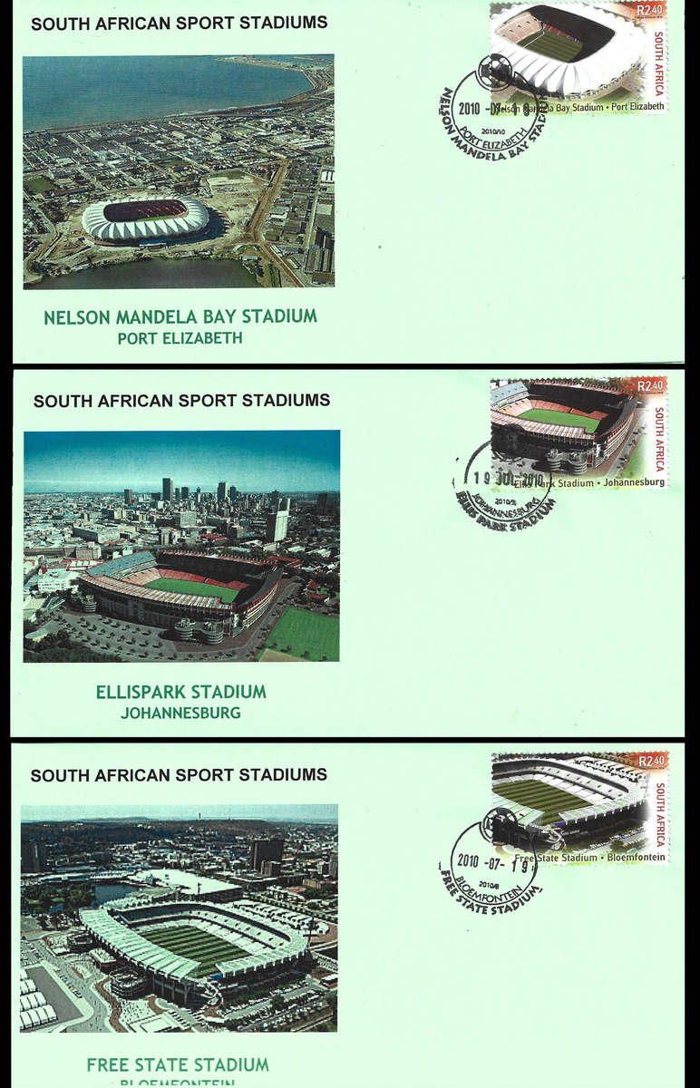 2010 SA Sport Stadiums, 10 x F.D.C.s each depicting the Stadium and Correct Cancellation, RARE