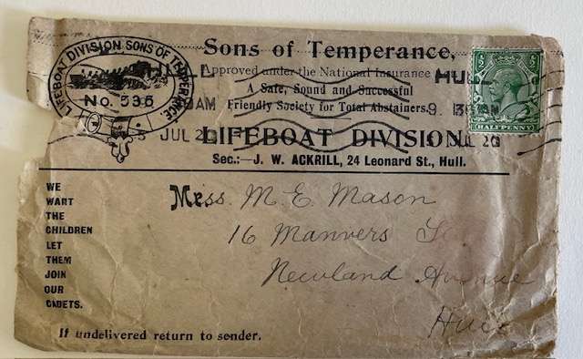 ENVELOPE SONS OF TEMPERANCE - LIFEBOAT DIVISION - POSTED 1913 - RARE! WITH GEORGE V HALF PENCE STAMP