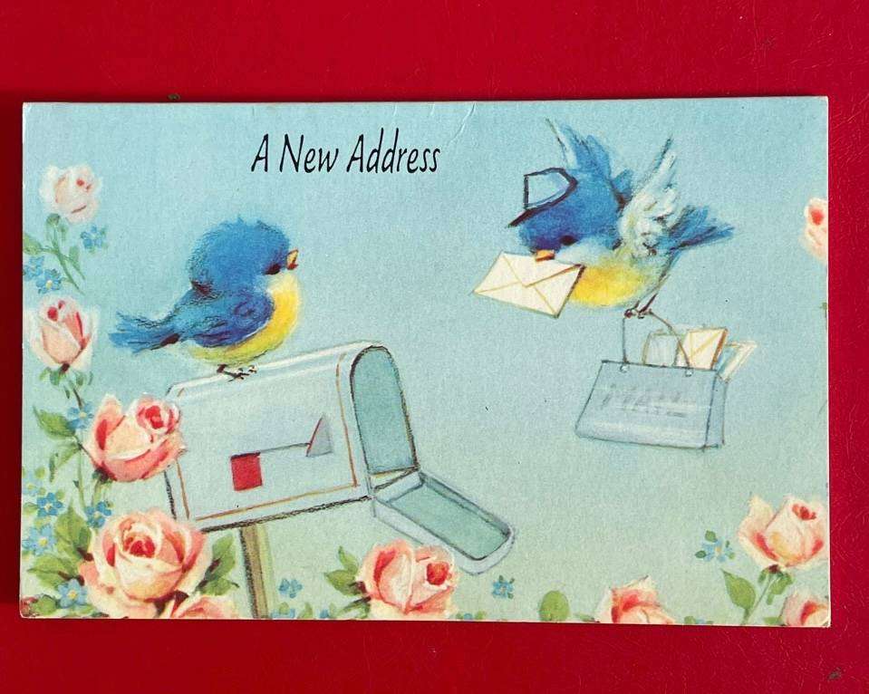 Vintage card - A New Address - Two birds and flowers - Forget me not -American Greetings Corp