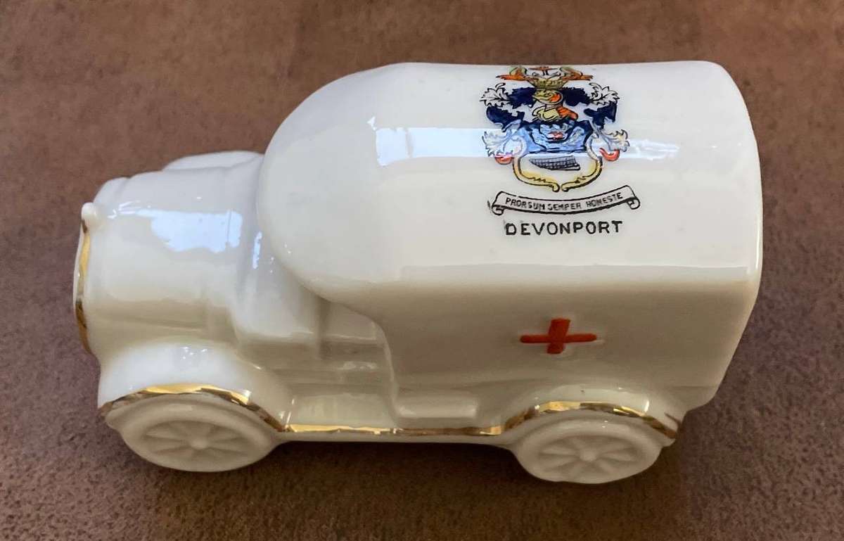 Vintage WWI Ceramic WWI Ambulance or Red Cross Van with Devonport Crest - Corona China - UK