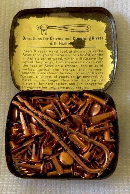 Vintage Tin Bifurcated Rivets - 100 assorted No 9 - Aylesbury Brand - with contents. SCARCE FIND!