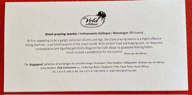 Blank card - PRAYING MANTIS - "GOGGAGOED" -VELD COLLECTIONS - CAPE TOWN - AFRICANA
