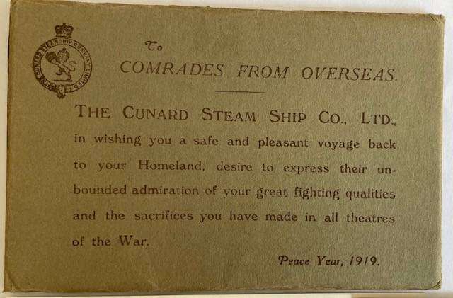 Antique CUNARD LINES FOLDER - given To Comrades Overseas - 1919 - contains 3 PC of ships.  WWI