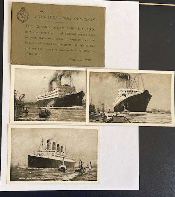 Antique CUNARD LINES FOLDER - given To Comrades Overseas - 1919 - contains 3 PC of ships.  WWI