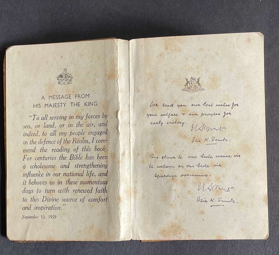 Jan Smuts Bible given to the troops WWII Olive wood etched cover.