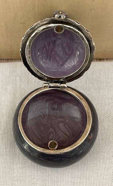 JAY STRONGWATER  Trinket Box / Pill Box - Purple Grey enamel with crystal encrusted flower on lid.