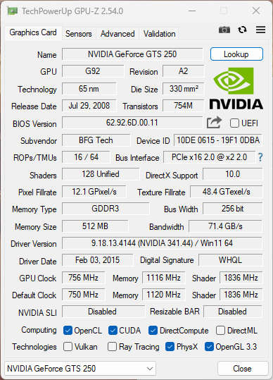 NVIDIA GeForce GTS 250 512 MB 256 bit GDDR3 Graphics Card - Directx 10.0, CUDA 1.1 OpenGL 3.3