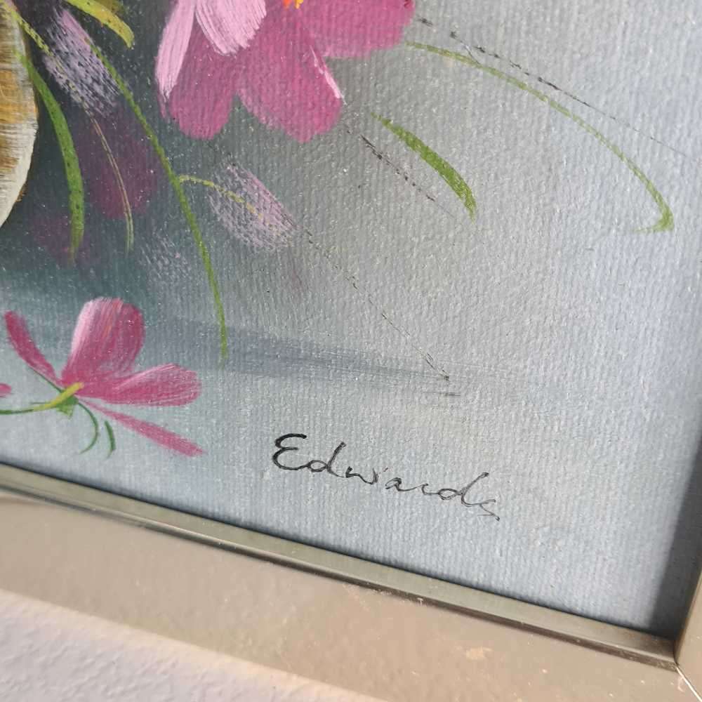 Pair of framed oil paintings of cosmos flowers in a vase. 280x230mm