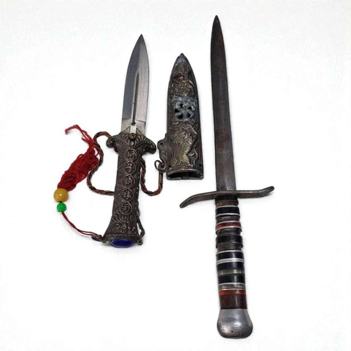 Antique Asian Ornamental Daggers (Pair)  Metal Handle & Decorative Sheath