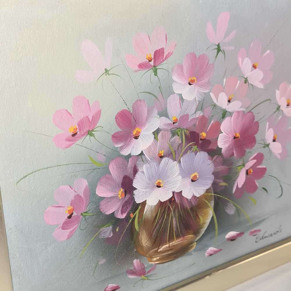 Pair of framed oil paintings of cosmos flowers in a vase. 280x230mm