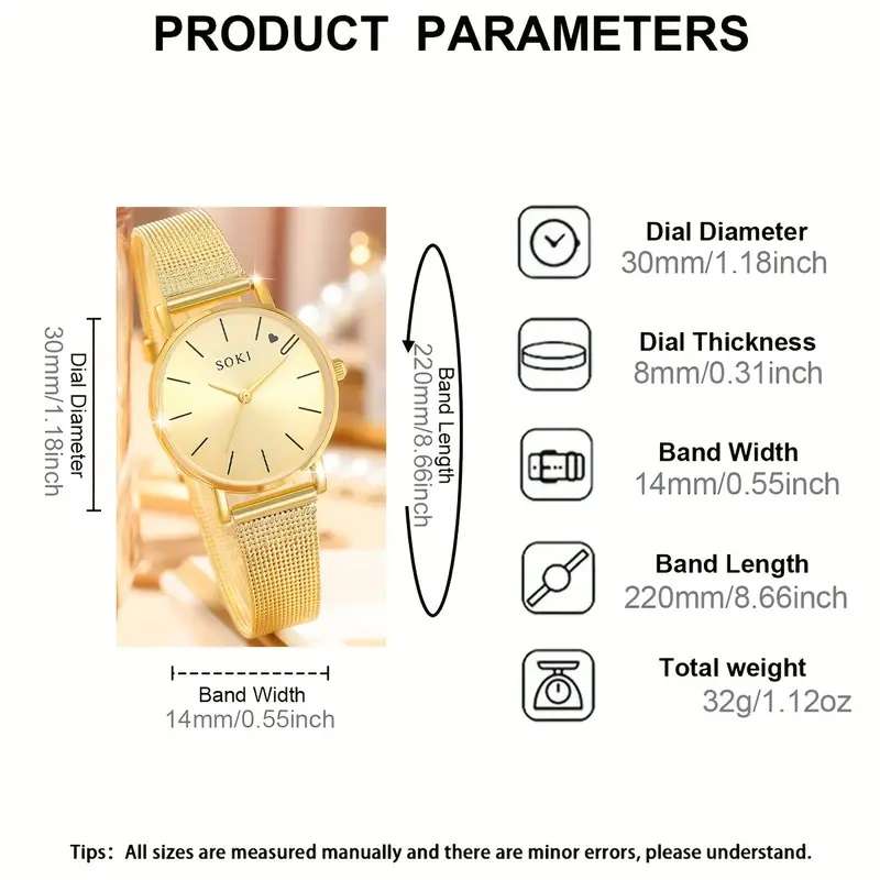1Set Ladies Watch Golden Mesh With Casual Quartz Watch And Love Bracelet