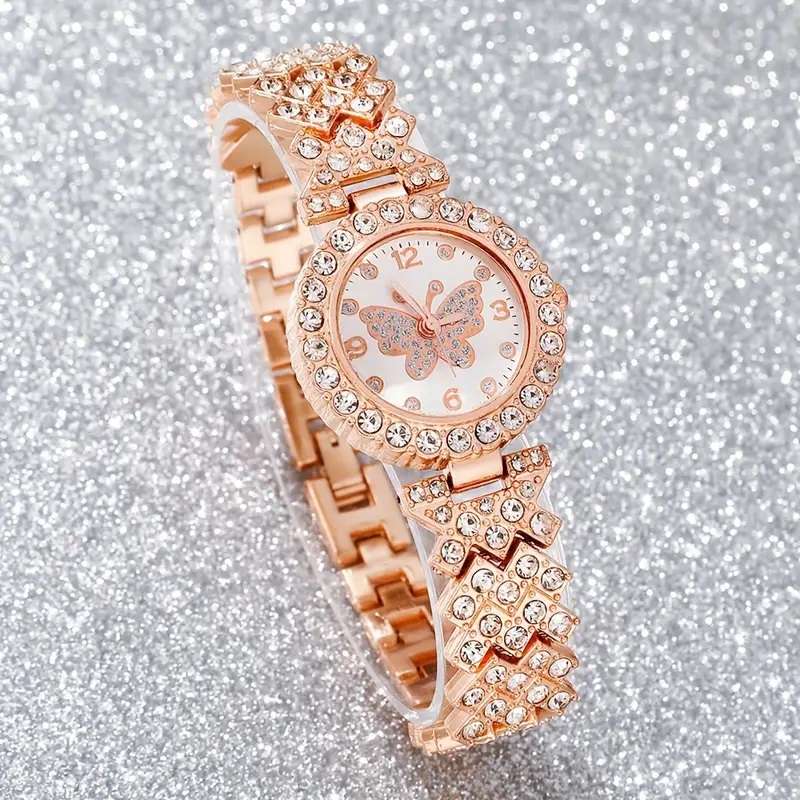 2 Pcs/Set Elegant Ladies' Quartz Wrist Watch & Shiny Versatile Rhinestone Bracelet