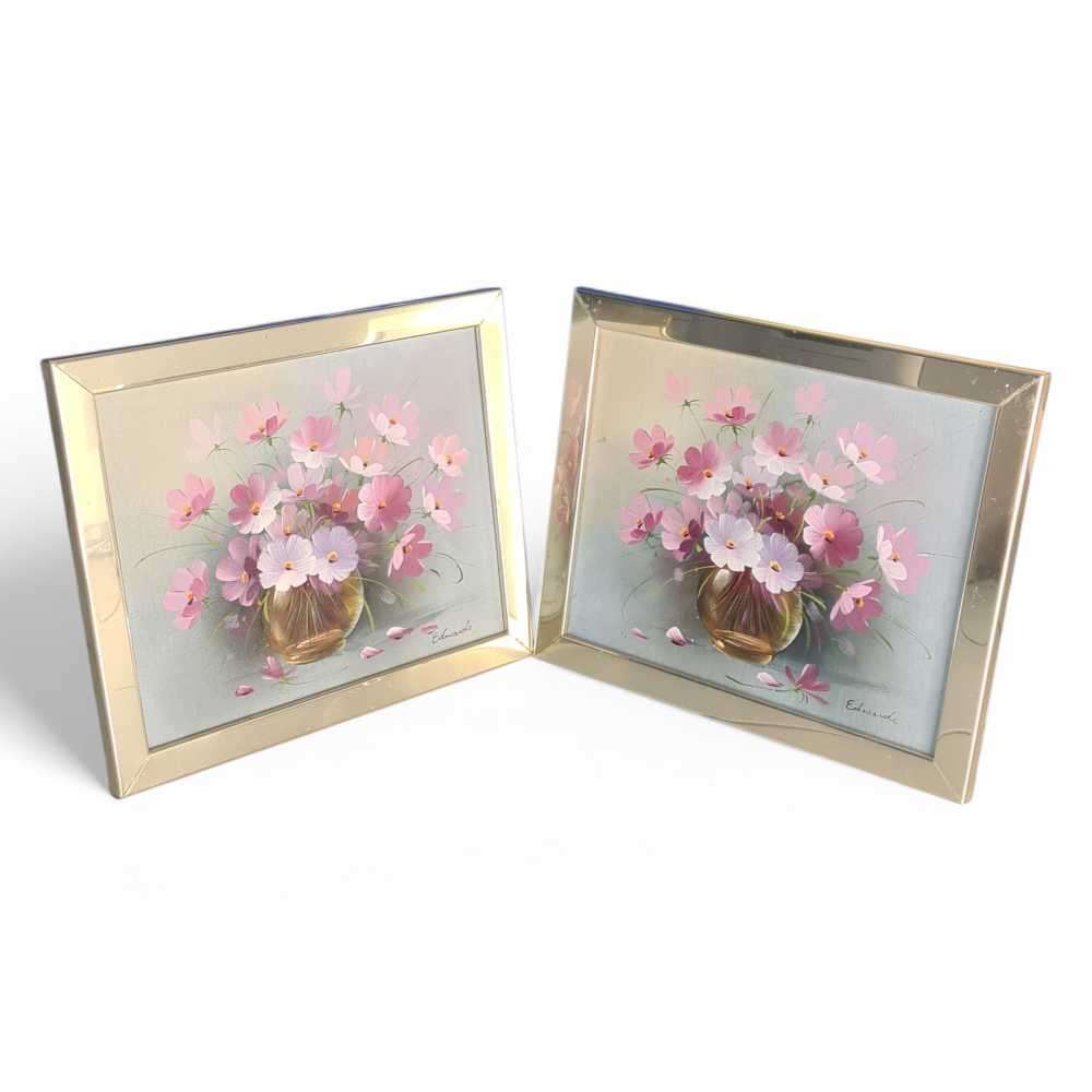 Pair of framed oil paintings of cosmos flowers in a vase. 280x230mm