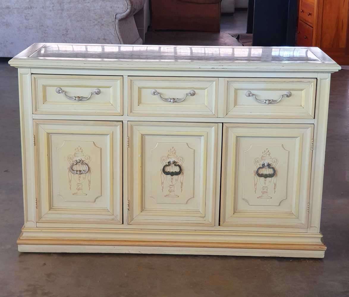 Bernhardt inc French Provincial and Victorian style cabinet with Mable top on wheels.