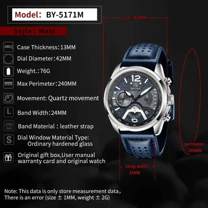 Genuine Leather Benyar 5171 Mens Chrongraph Watch  Blue