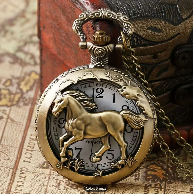 Vintage Retro Hollow Horse Design Quartz Pocket Watch Necklace watch