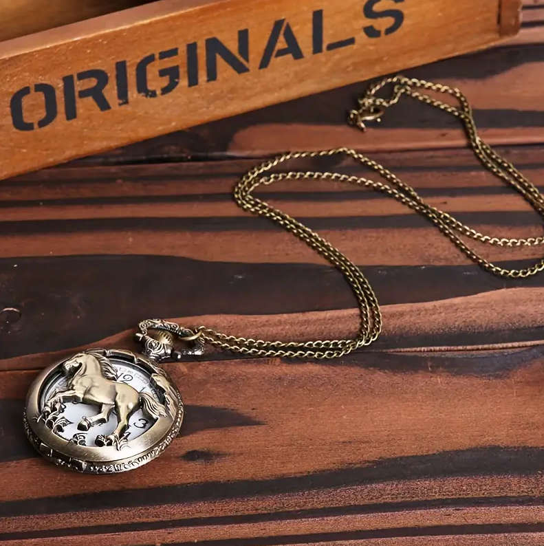 Vintage Retro Hollow Horse Design Quartz Pocket Watch Necklace watch