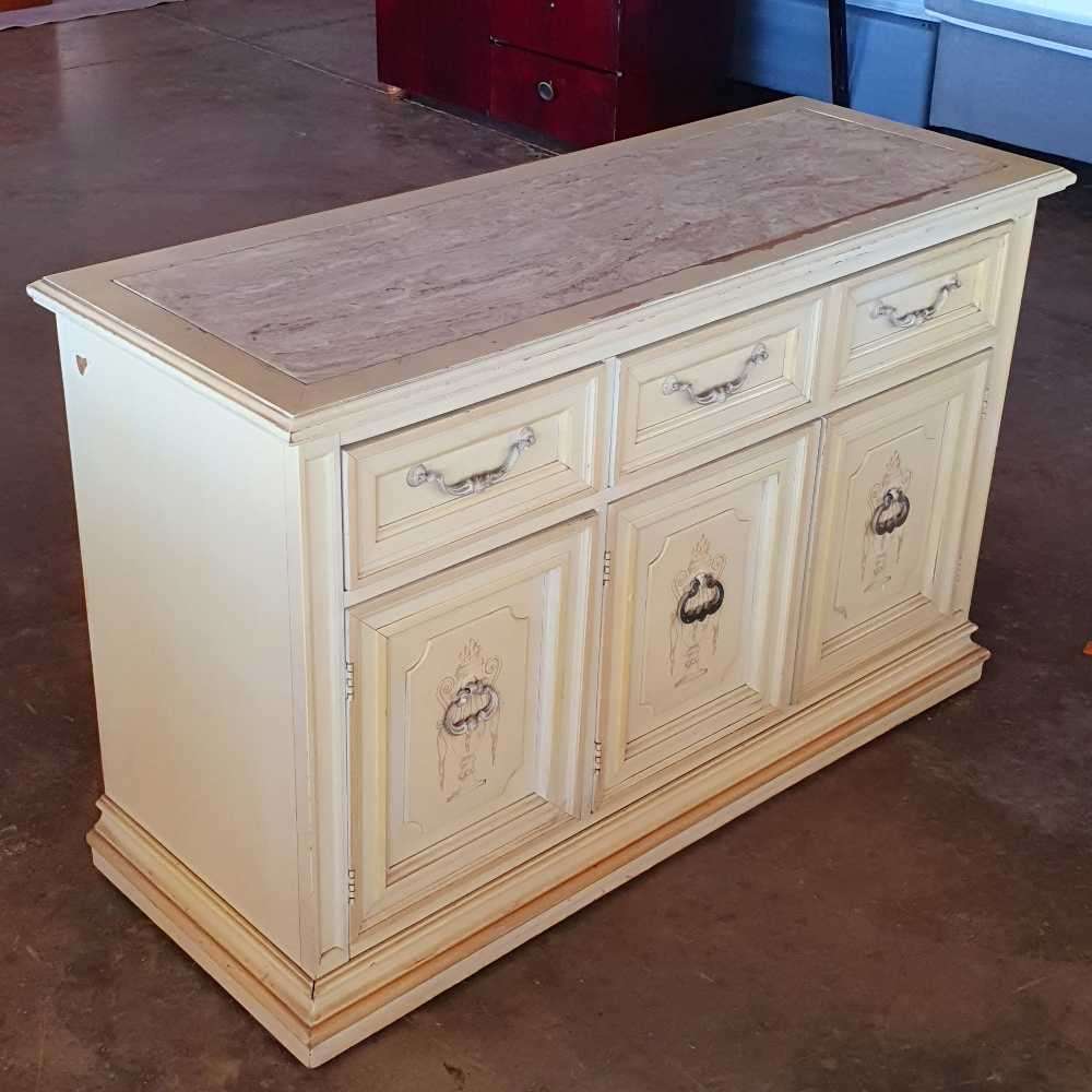 Bernhardt inc French Provincial and Victorian style cabinet with Mable top on wheels.