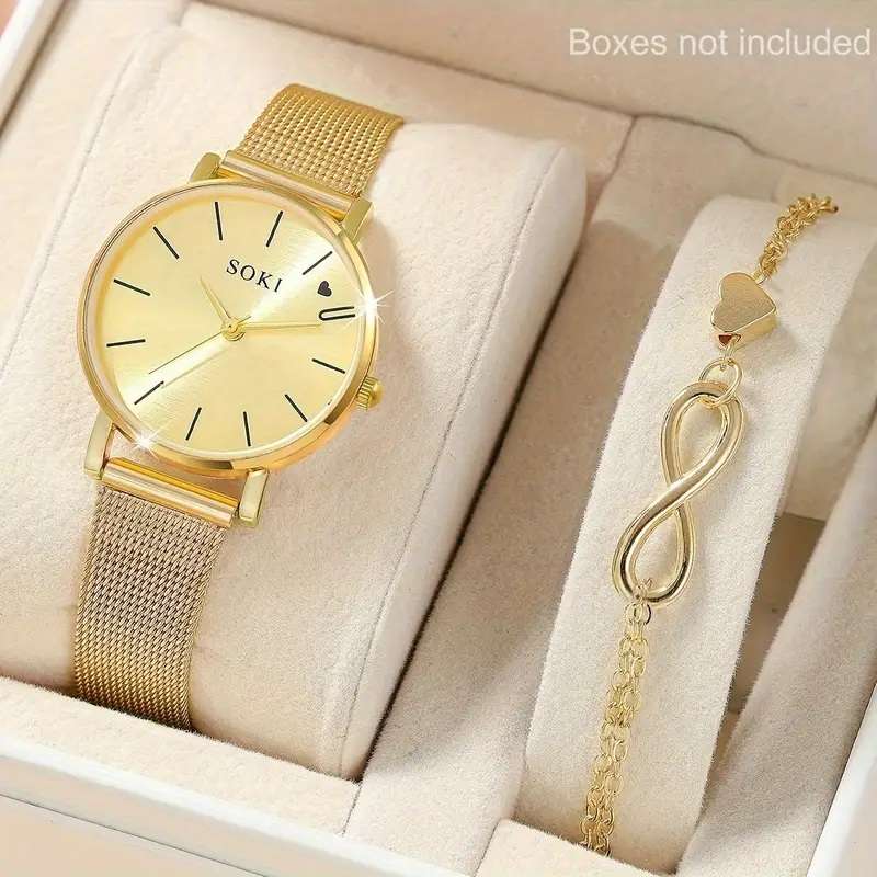 1Set Ladies Watch Golden Mesh With Casual Quartz Watch And Love Bracelet
