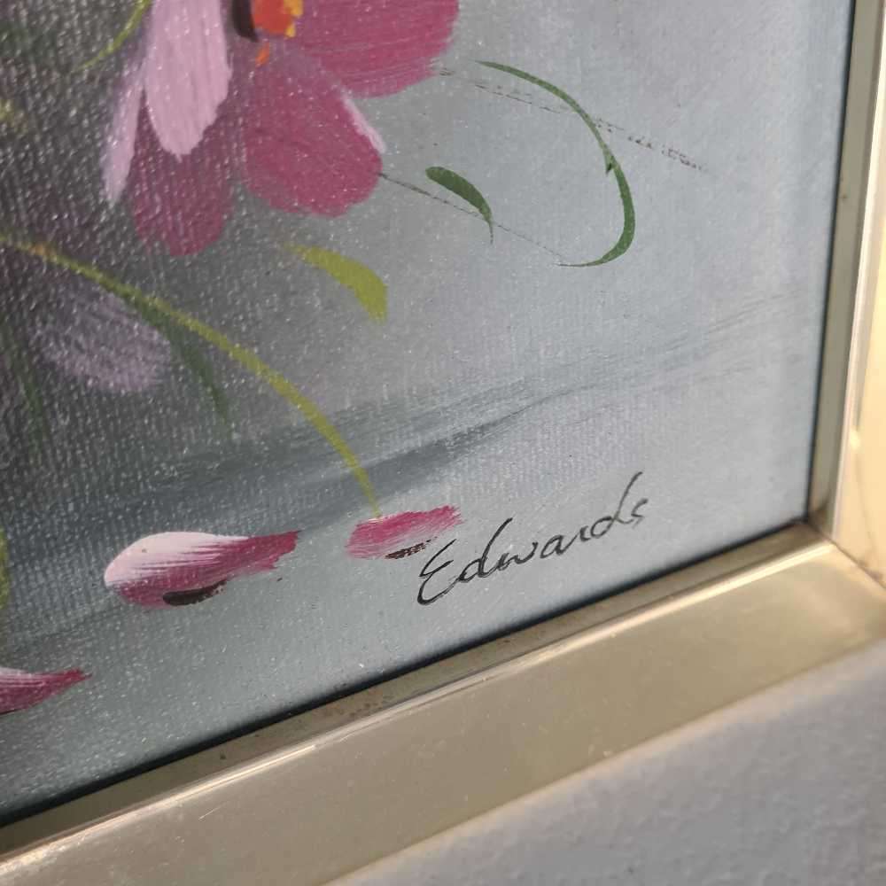 Pair of framed oil paintings of cosmos flowers in a vase. 280x230mm