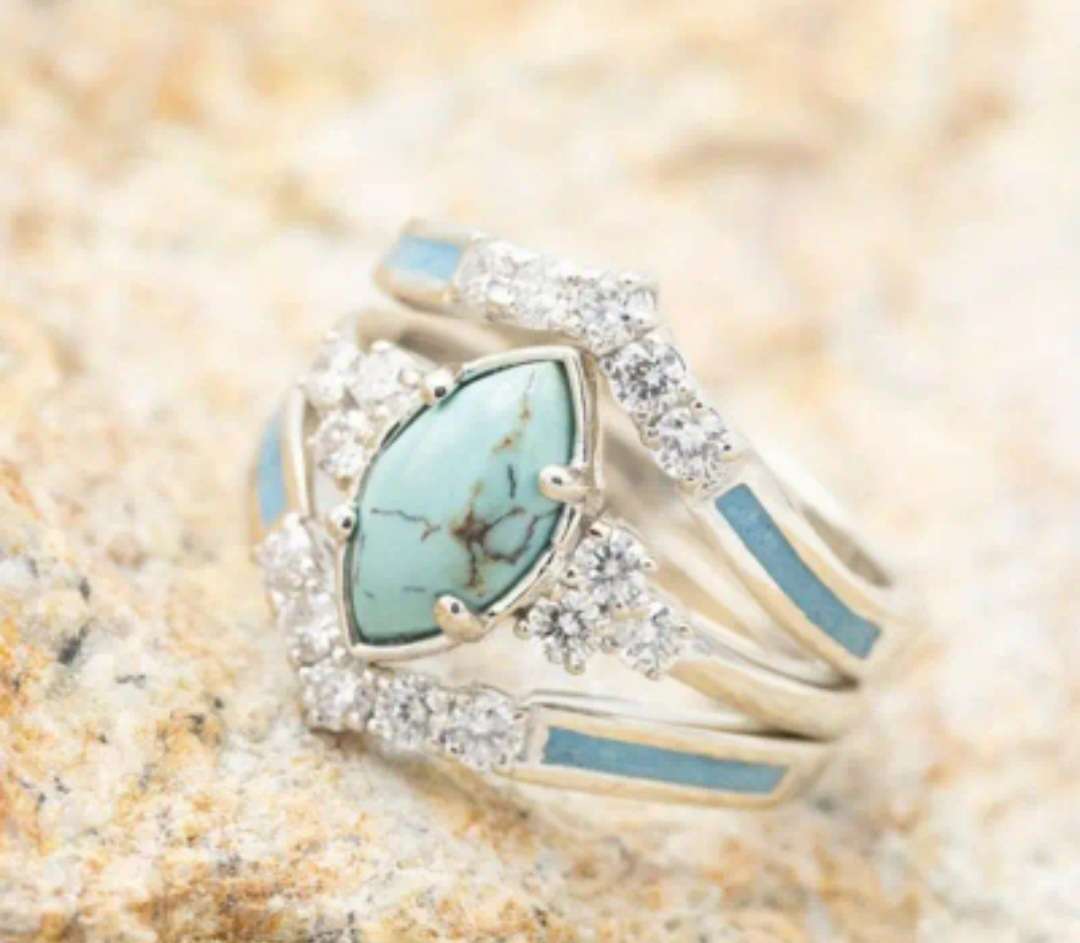 Boho style stacking rings - silver plated paved Turquoise Dress Ring