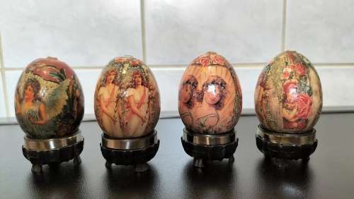 Set of Four Decoupage Mini Eggs on Stands