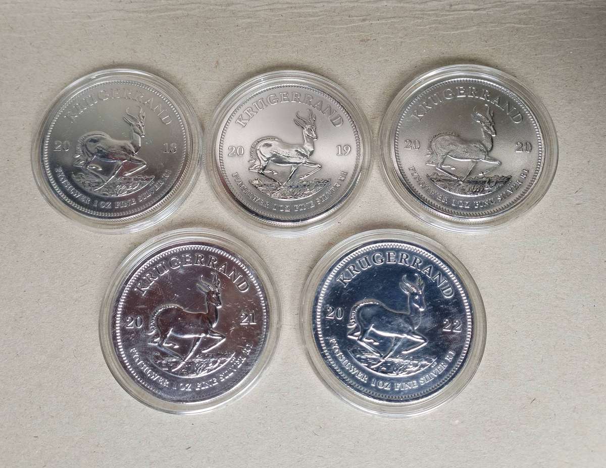 2018-2022 Silver Kruger Rand Sets in Coin Holders - Bid per set of 5 coins