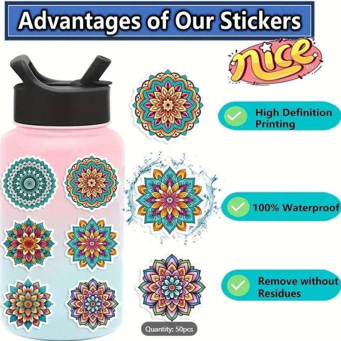 50 PIECE Vibrant Mandala STICKERS - Waterproof