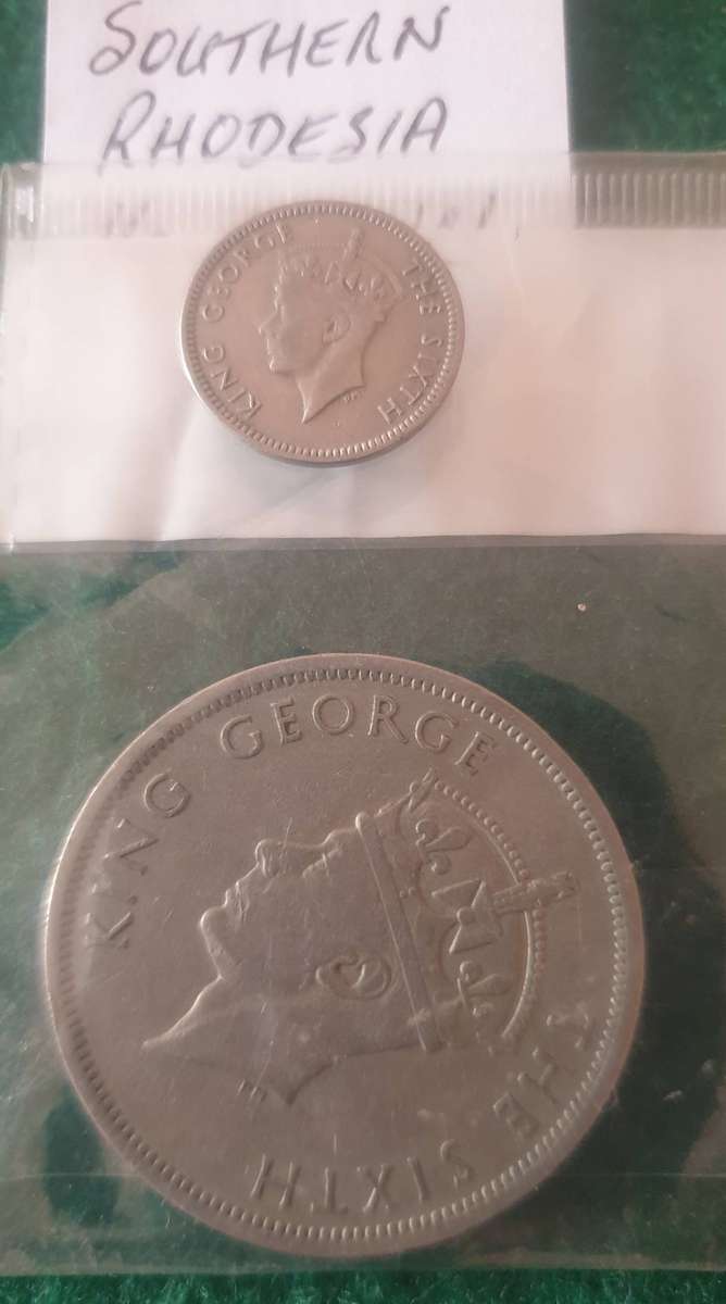 2 x Old Southern Rhodesia coins (1/2 crown and 3d)
