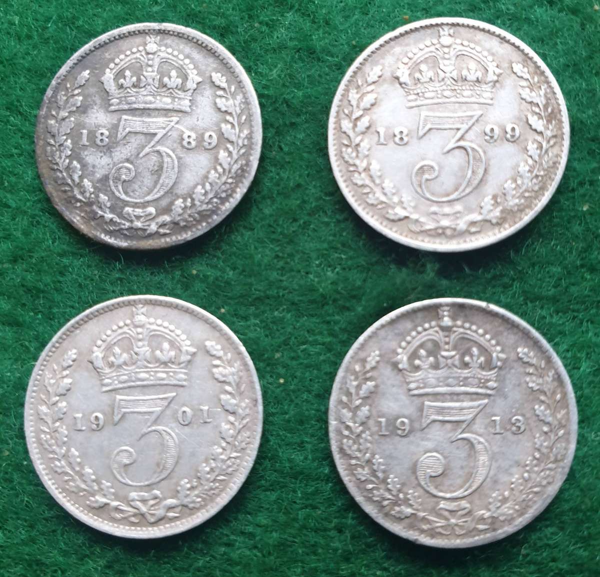4 x Antique British tickies (silver)