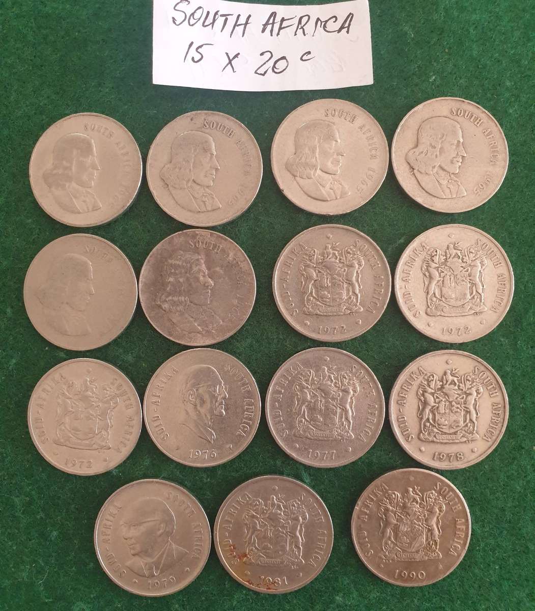 15 x South African 20c coins