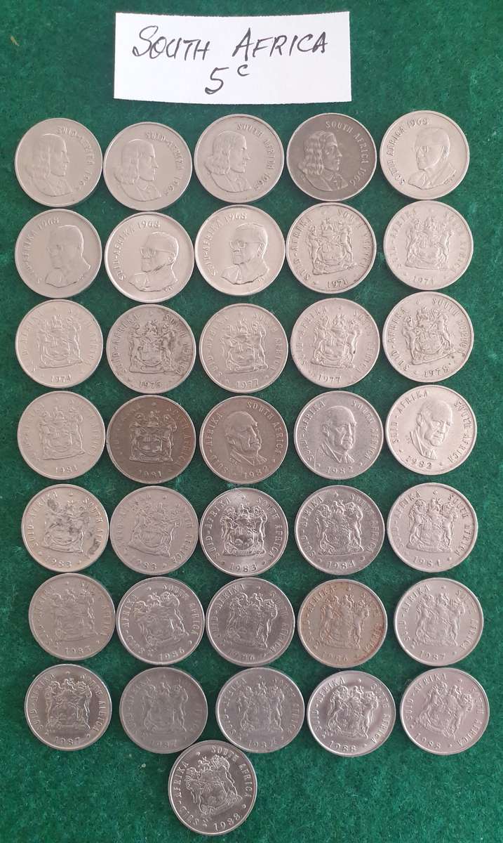 36 x South African 5c coins (1965 to 1988)