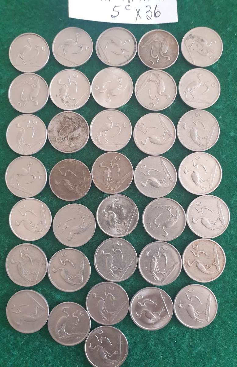 36 x South African 5c coins (1965 to 1988)