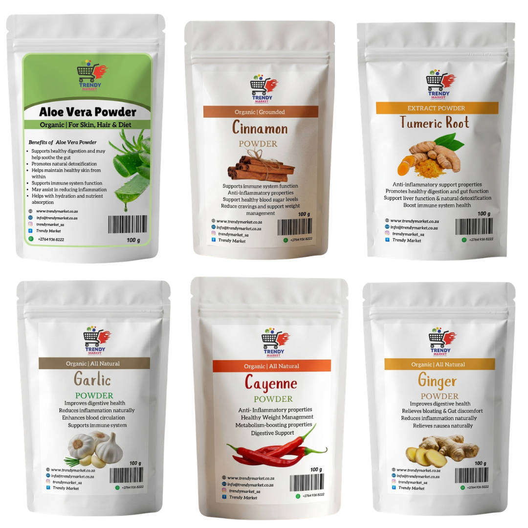 Herbal Wellness Powder Set (Aloe Vera, Turmeric, Cinnamon, Garlic, Cayenne Pepper & Ginger)  6 x 10