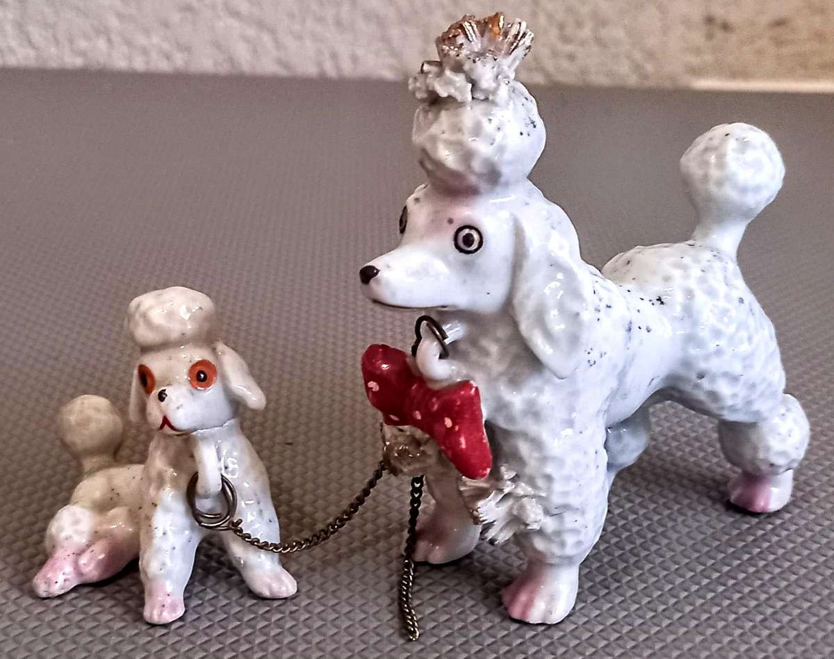 Beautiful Vintage Lamode Fine China Handpainted French Poodles. Largest 10cm Tall