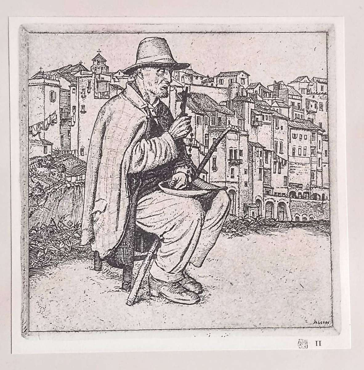 Robert Austin. The Blind Beggar of Tivoli Etching. 12.5cm x 12.5cm