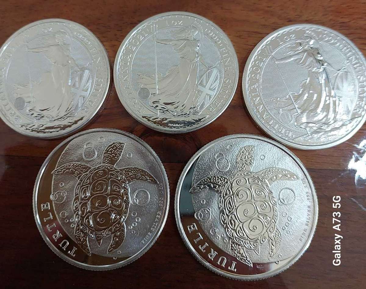 5x1Oz Silver coins.999 3x2021Brittanias and 2x2015 Turtle bid per coin buyer take the lot