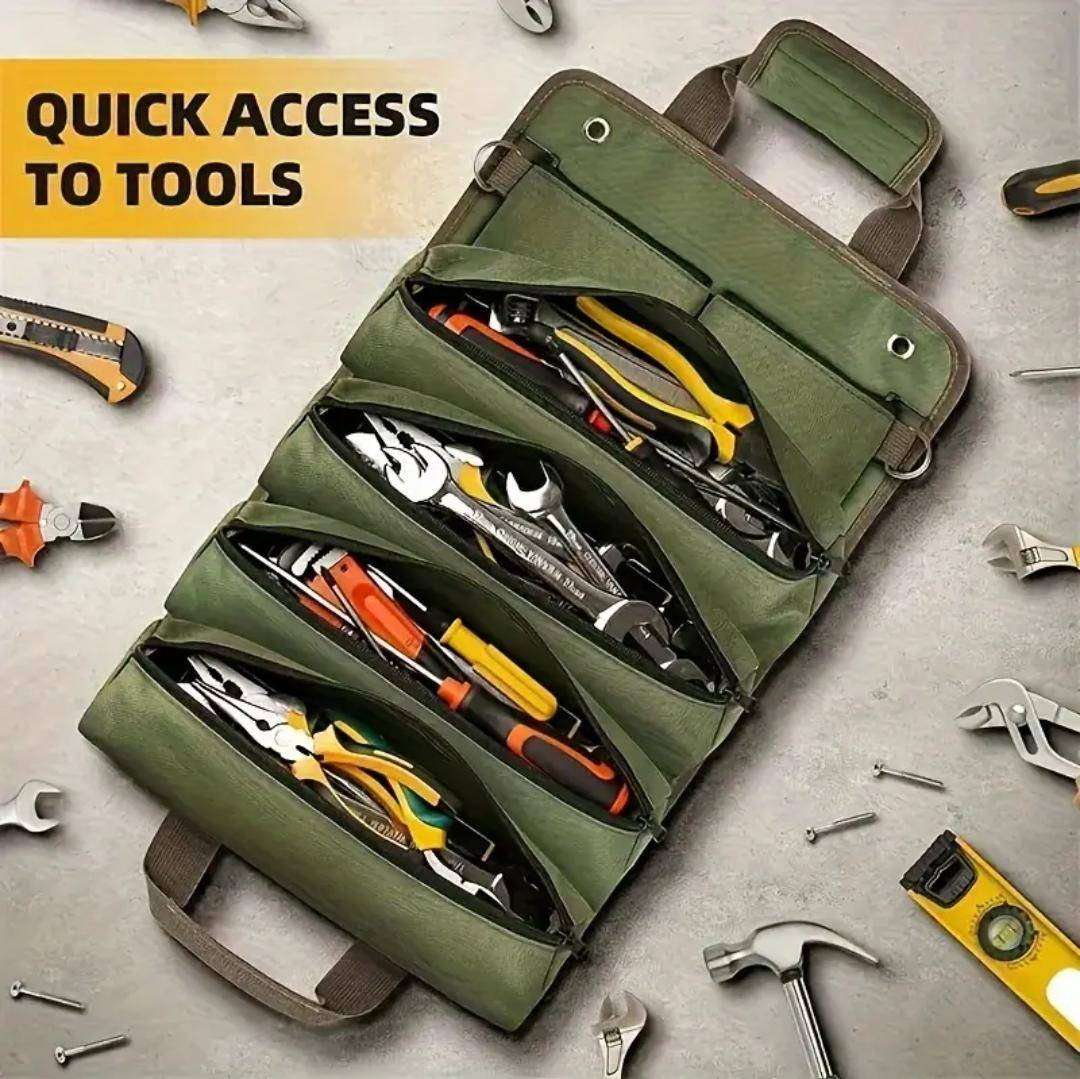 Multi-purpose folding tool bag with a roll-up design, suitable for both indoor and outdoor use